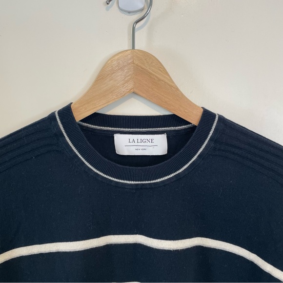 La Ligne Striped Light Crew Neck Cotton Long Sleeve Sweater in Navy and White - Picture 2 of 4